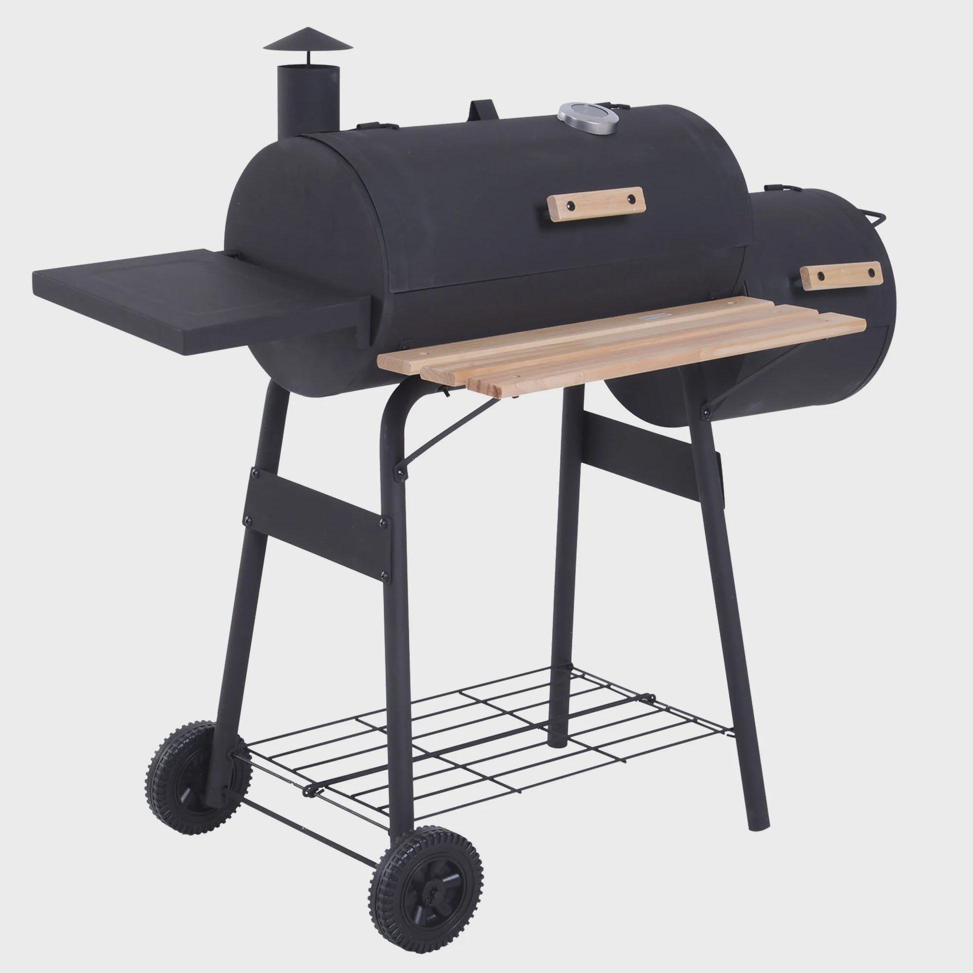 Outsunny Charcoal Smoker BBQ Grill met Thermometer, Wielen en Zijplanken - Zwart