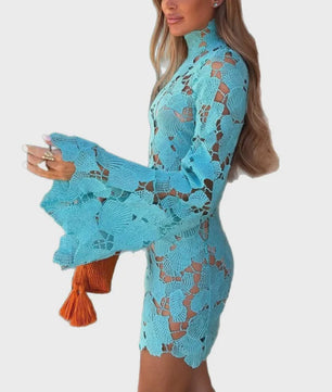 Women's 2026 High Neckline Lace Mini Dress Long Sleeve Loose Dress Casual European Holiday Beach Cover Up Elegant Evening Wear