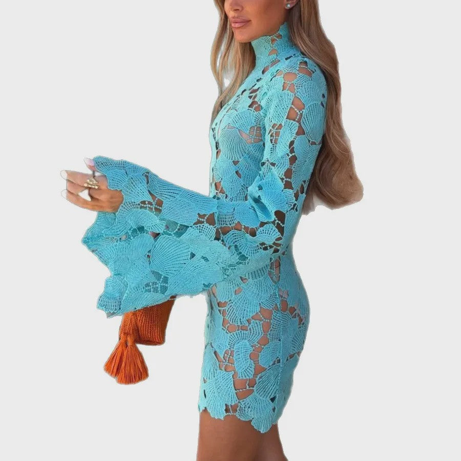 Women's 2026 High Neckline Lace Mini Dress Long Sleeve Loose Dress Casual European Holiday Beach Cover Up Elegant Evening Wear