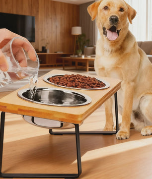 Verhoogde Houten Voerbak voor Katten en Honden - 15° Kantelbaar met RVS Kom