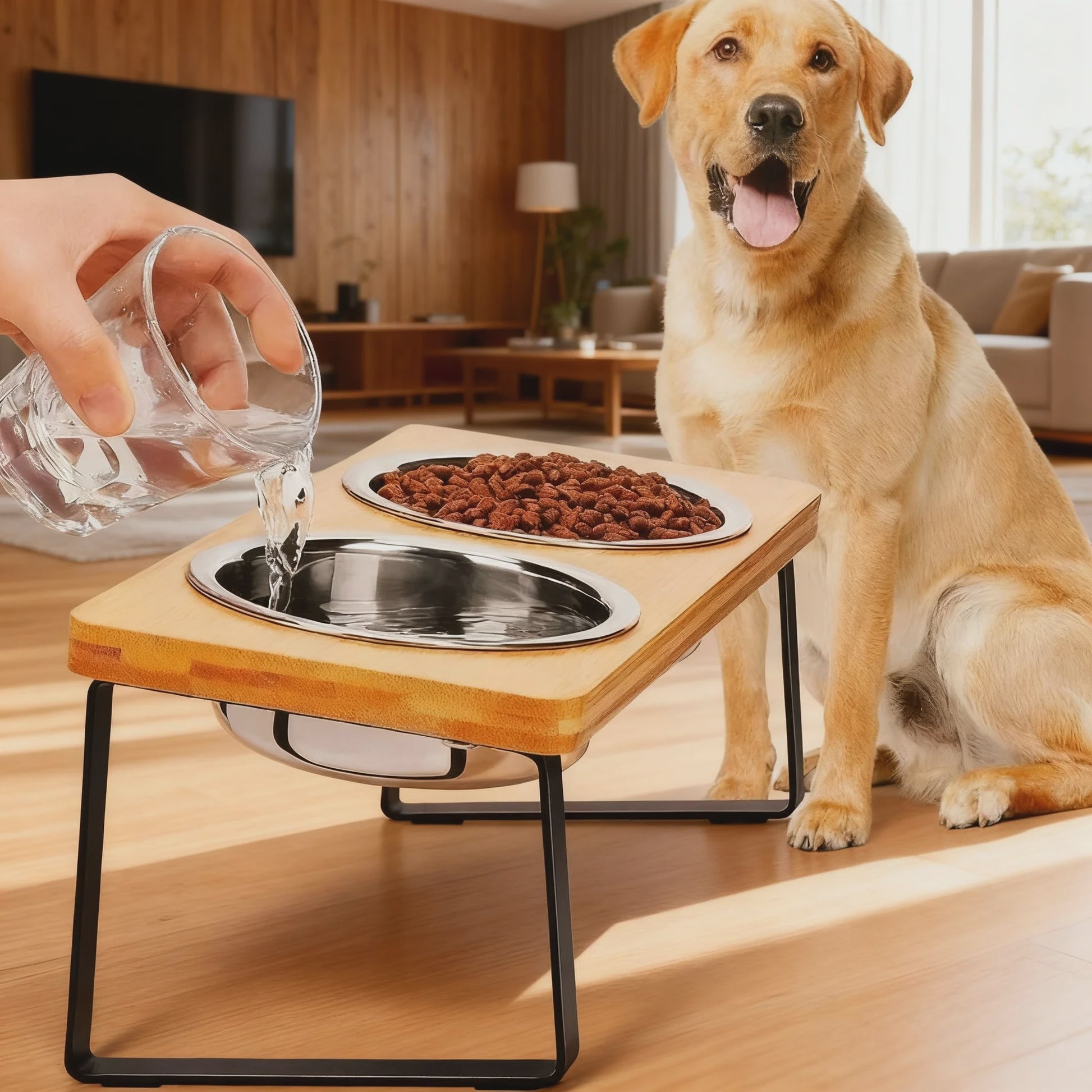 Verhoogde Houten Voerbak voor Katten en Honden - 15° Kantelbaar met RVS Kom