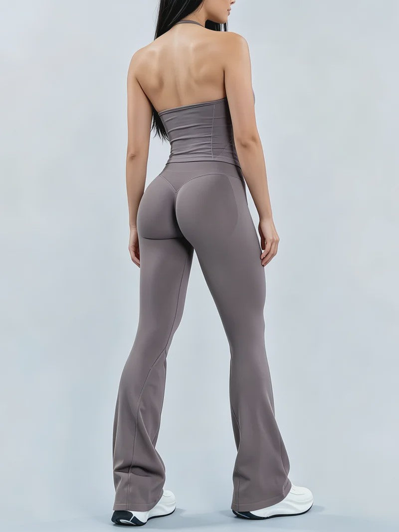 Dames Sportset: Seamless Strappy Top met Ruches & Butt Lifting Flare Leggings