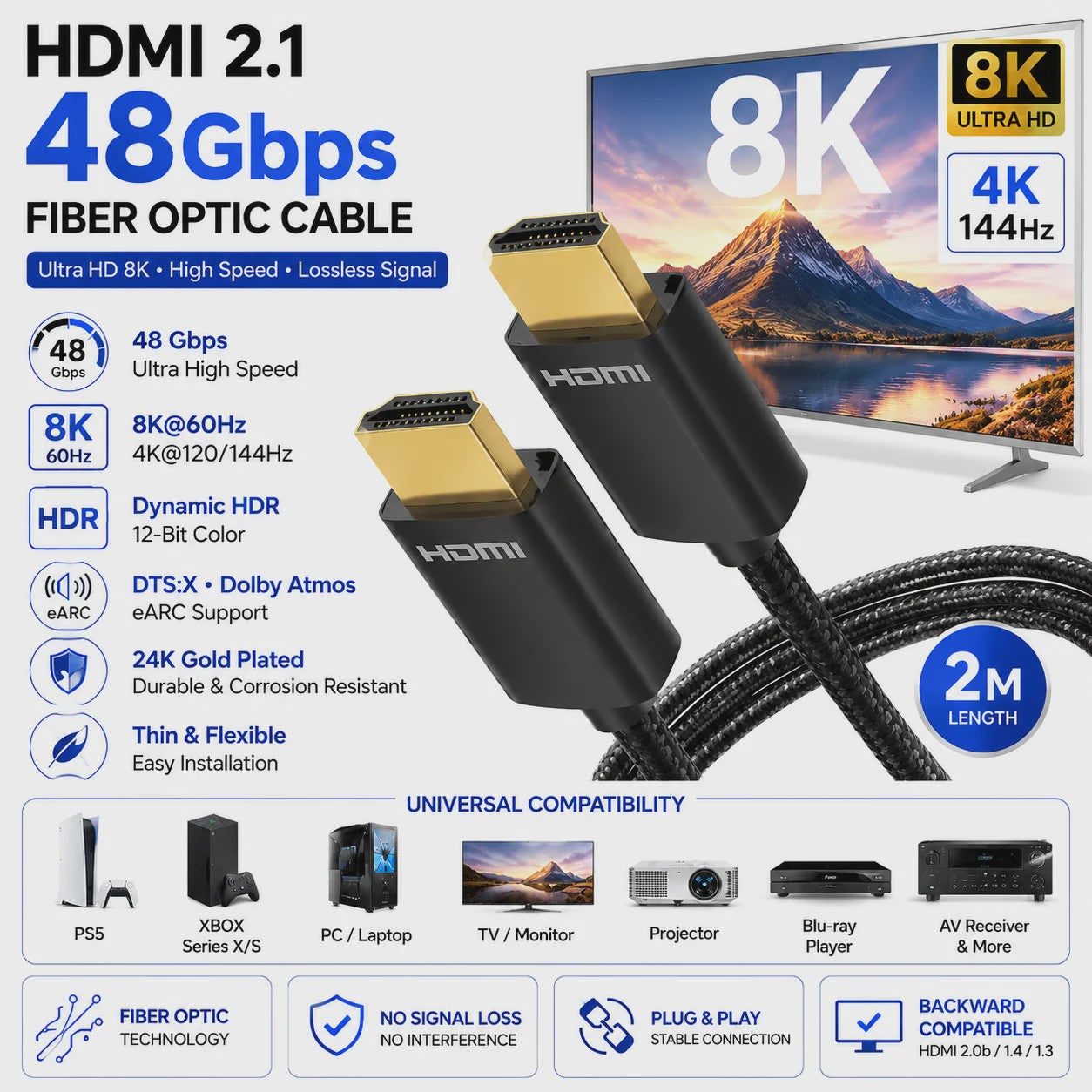 HDMI 2.1 Glasvezel Kabel 8K 48Gbps - 2 Meter - PS5, Xbox, PC, TV - 4K 144Hz - Goud Verguld