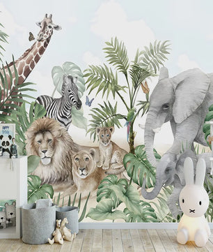 Milofi 3D Muurschildering Behang: Scandinavisch Bos met Jungle Dieren voor Kinderkamer