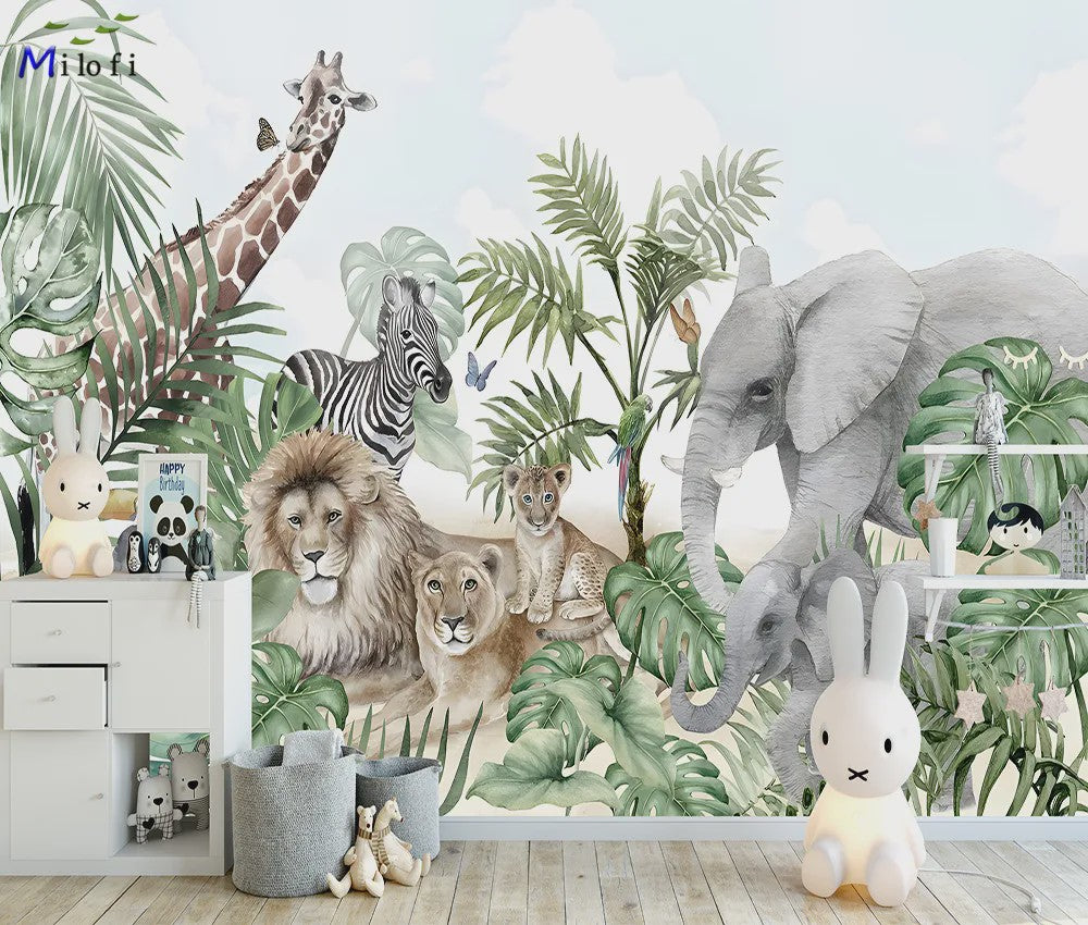 Milofi 3D Muurschildering Behang: Scandinavisch Bos met Jungle Dieren voor Kinderkamer