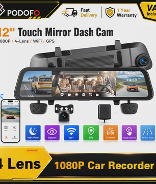 12-Inch Touchscreen Auto DVR Dashcam met 4x 1080P Camera's, GPS & Nachtzicht