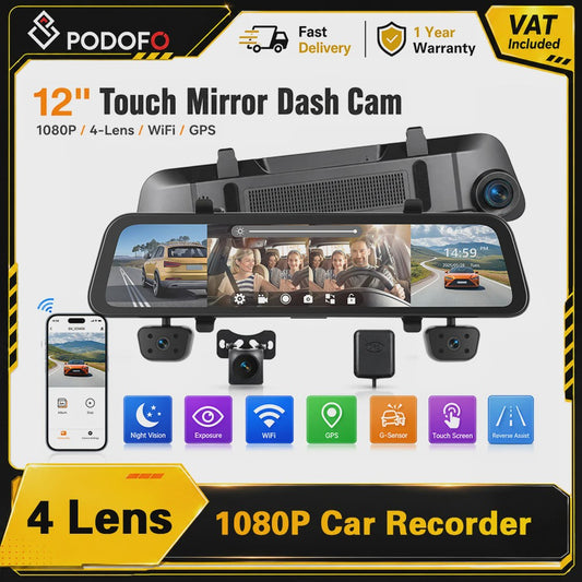 12-Inch Touchscreen Auto DVR Dashcam met 4x 1080P Camera's, GPS & Nachtzicht
