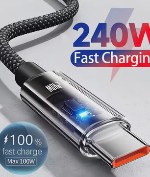 240W Nylon USB-C Snellader Kabel met LED Display - Snel Data en Opladen