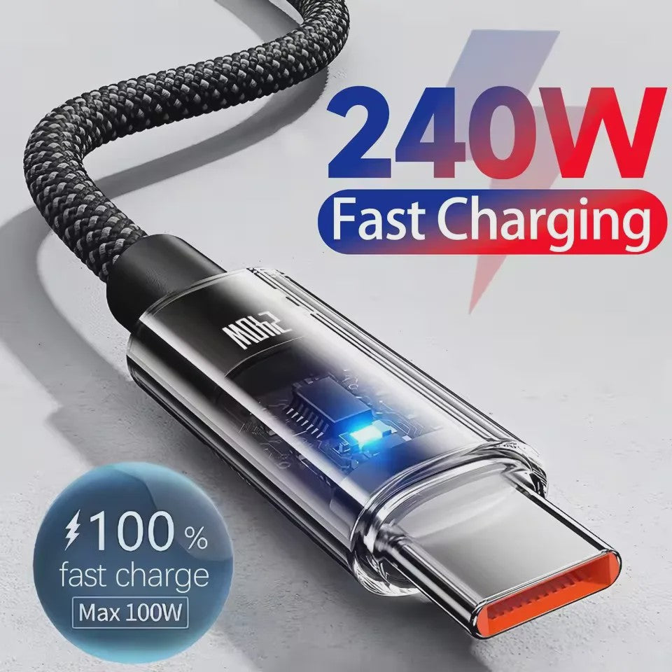 240W Nylon USB-C Snellader Kabel met LED Display - Snel Data en Opladen