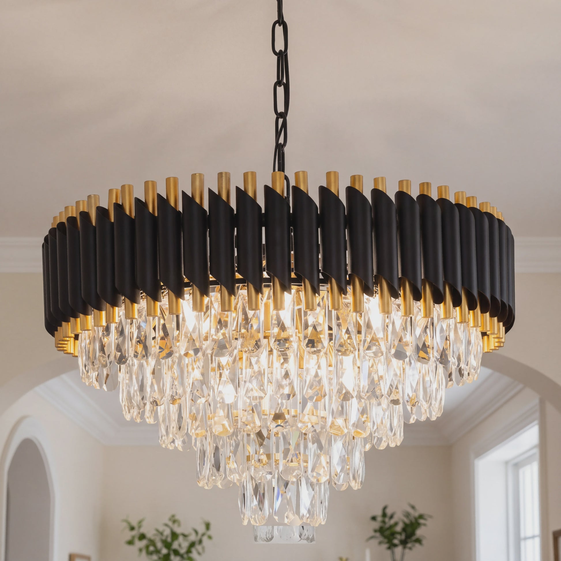 Luxe Zwarte & Gouden Kristallen Kroonluchter - 5 Lagen, Dimbaar