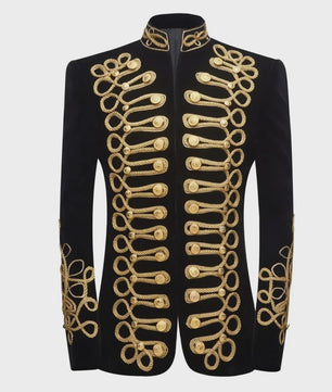Luxe Zwarte Velvet Blazer met Gouden Borduursels - Heren Feest & Podium Kleding