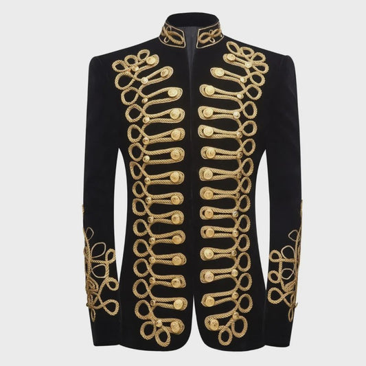 Luxe Zwarte Velvet Blazer met Gouden Borduursels - Heren Feest & Podium Kleding