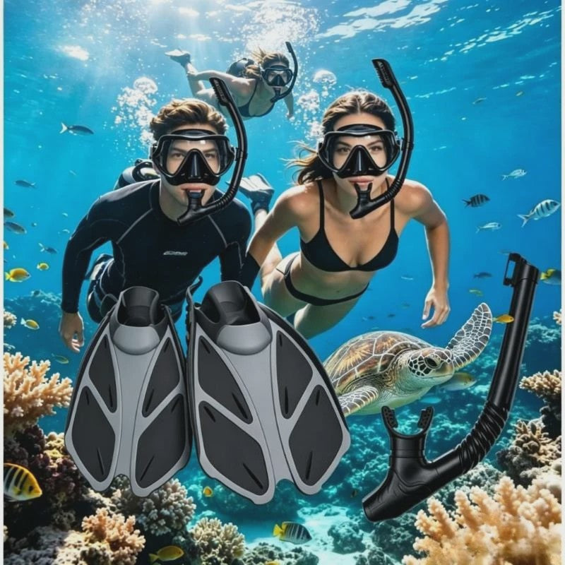 Compleet Snorkel Set voor Volwassenen: Panoramisch Anti-Condens Duikmasker, Droge Snorkel & Verstelbare Zwemvinnen