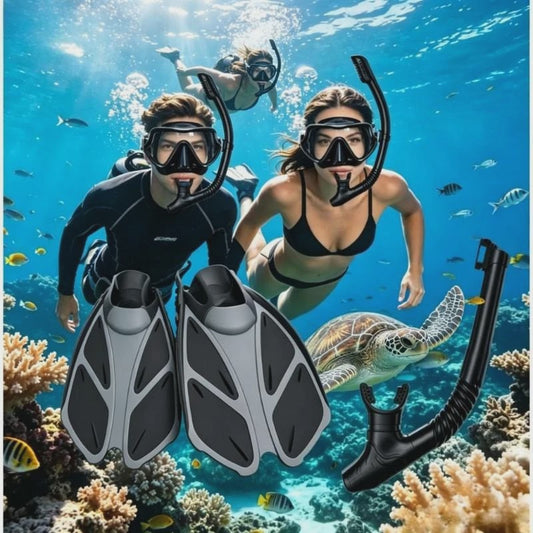 Compleet Snorkel Set voor Volwassenen: Panoramisch Anti-Condens Duikmasker, Droge Snorkel & Verstelbare Zwemvinnen