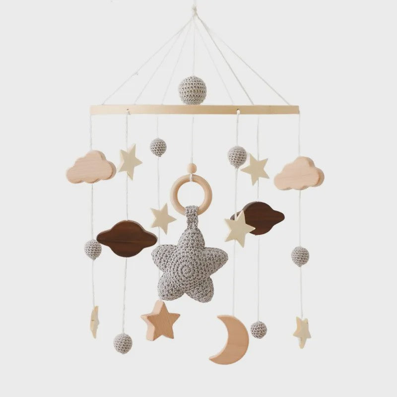 Houten Baby Mobiel voor Ledikant met Teddybeer, Maan en Sterren - Muziek & Rammelaar - Perfect Kraamcadeau