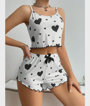 Dames Pyjama Set: 2-delig Tanktop & Shorts met Liefdesprint - Zacht & Ventilerend