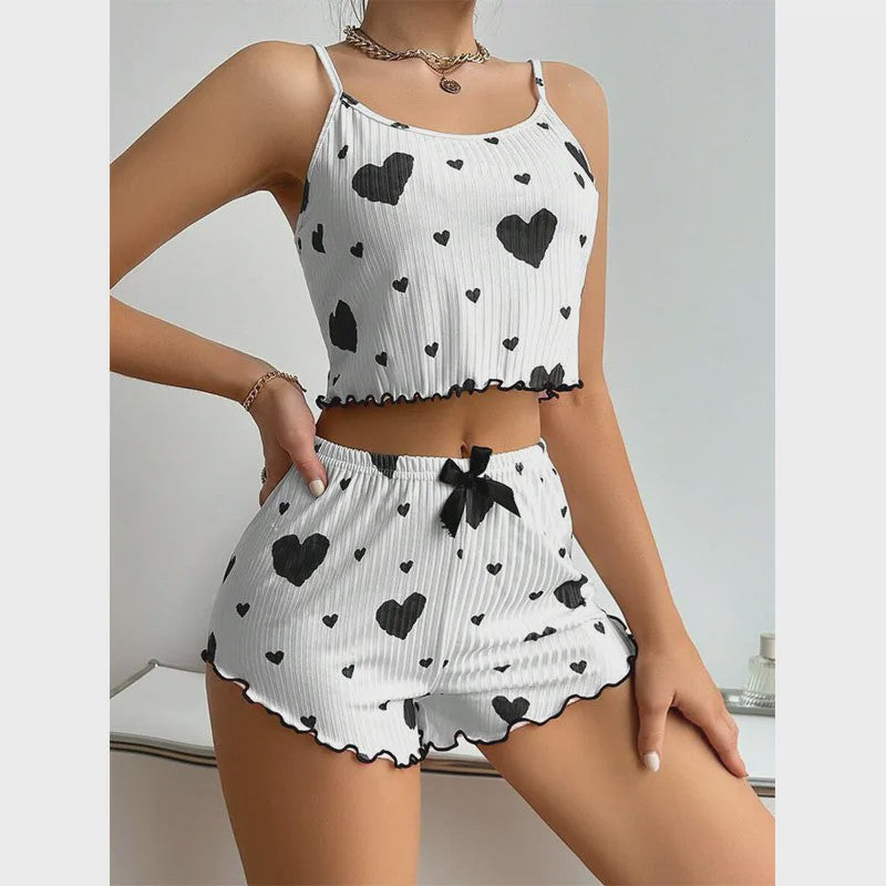 Dames Pyjama Set: 2-delig Tanktop & Shorts met Liefdesprint - Zacht & Ventilerend