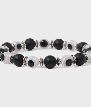 Set van 2 Handgemaakte Natuursteen Armbanden met Hanger Oog van Fatima & Lavasteen/Hematiet