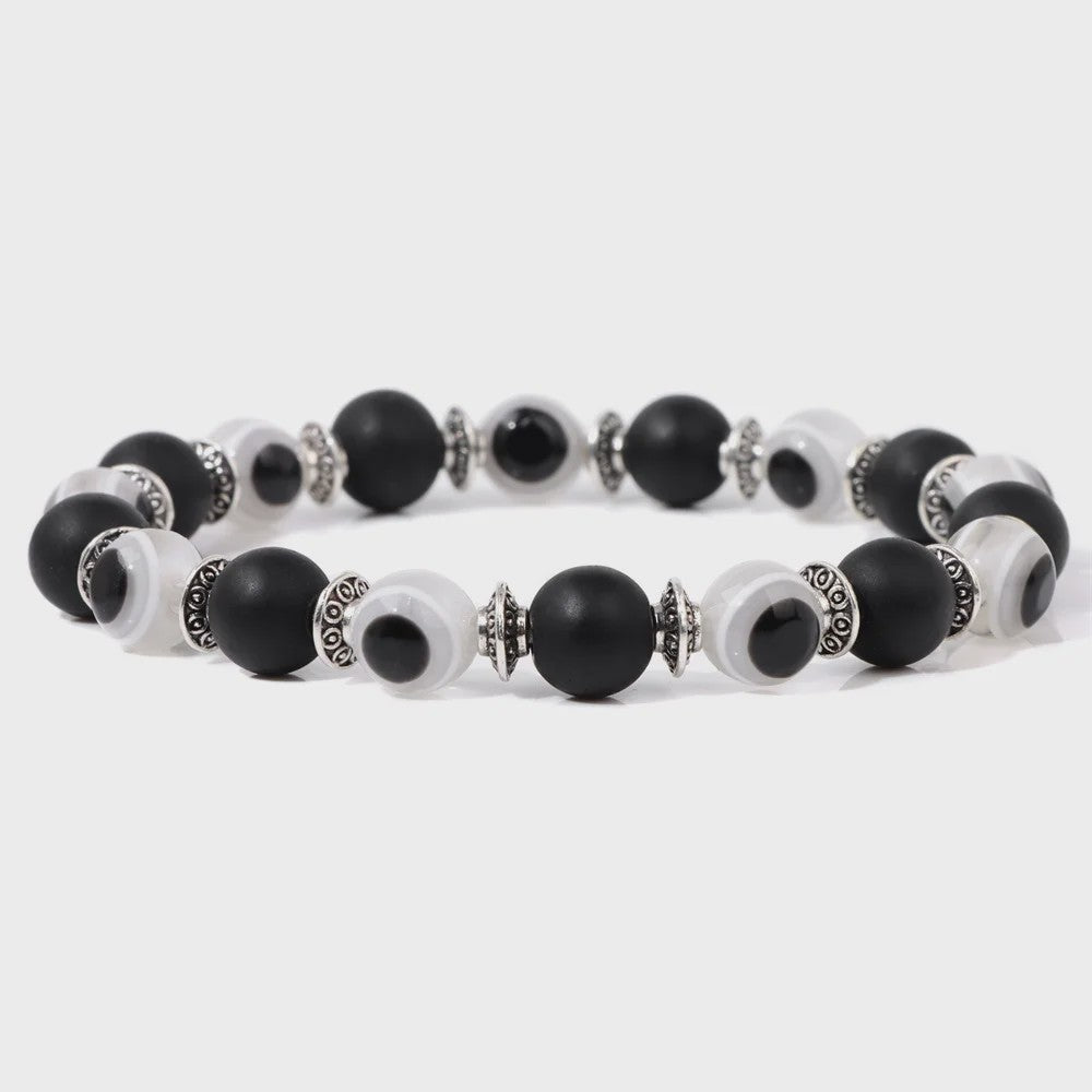Set van 2 Handgemaakte Natuursteen Armbanden met Hanger Oog van Fatima & Lavasteen/Hematiet