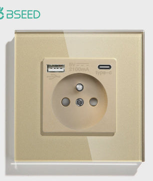 BSEED Wandcontactdoos met Dubbele USB & Type-C Poorten - Stijlvol Glazen Frame