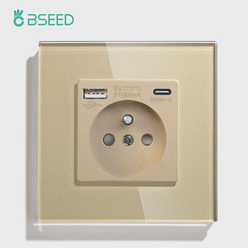 BSEED Wandcontactdoos met Dubbele USB & Type-C Poorten - Stijlvol Glazen Frame