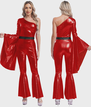 Dames Jumpsuit 70s Disco Metallic Met Wijde Pijpen en Flare Mouwen