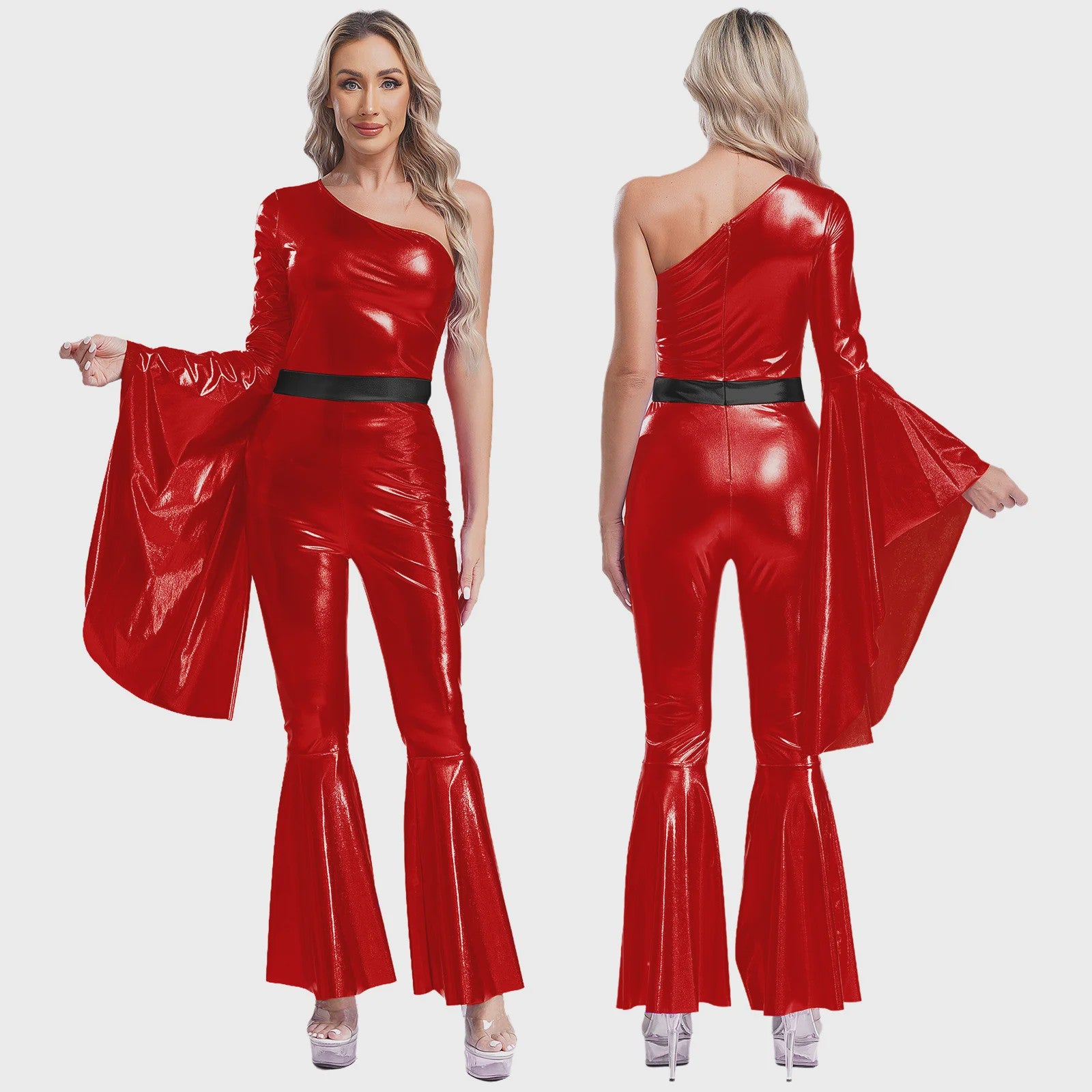 Dames Jumpsuit 70s Disco Metallic Met Wijde Pijpen en Flare Mouwen