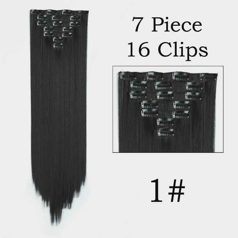 24 Inch Clip-in Haarverlenging - 7 Delig Set met 16 Clips - Synthetisch Recht Haar (Blond & Zwart)