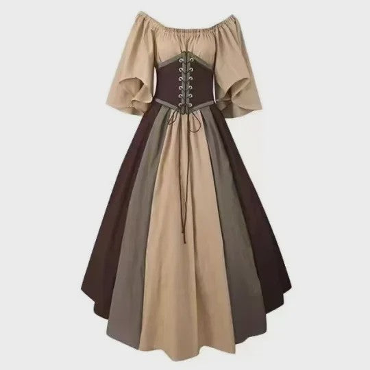 Middeleeuwse Retro Jurk met Contrastkleuren en Off-Shoulder Halslijn