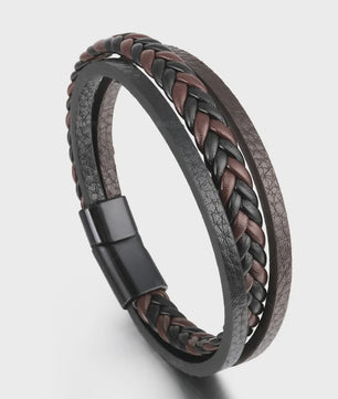 Trendy Heren Leren Armband - RVS & Gevlochten Touw, 21cm