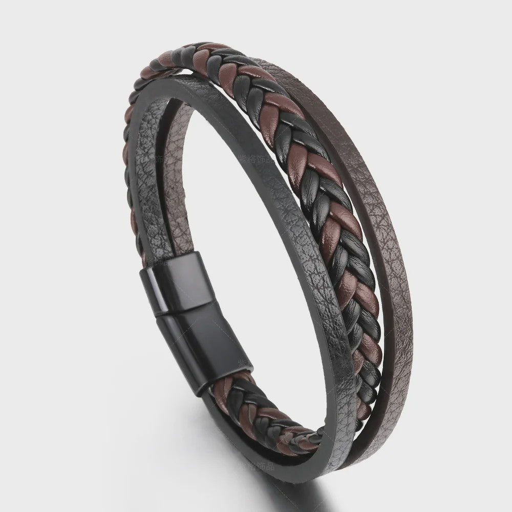 Trendy Heren Leren Armband - RVS & Gevlochten Touw, 21cm