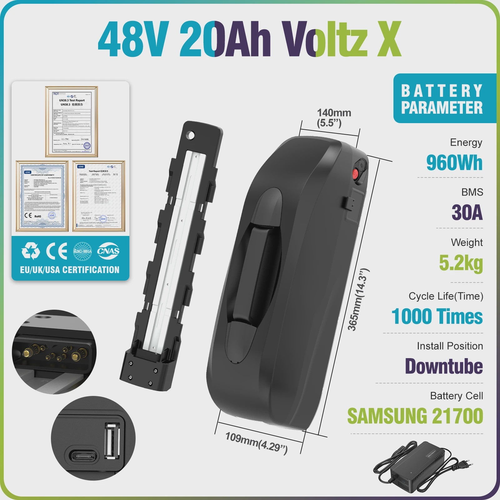 Varstrom E-bike Batterij 36V/48V/52V - Krachtige Lithium Accu met 40A BMS & Lange Levensduur