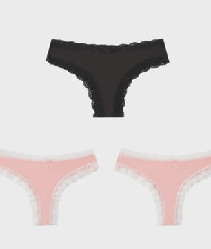 3-Pack Dames Slipjes met Kantrand - Low-Waist Thong & G-String in Luipaardprint en Effen Kleuren