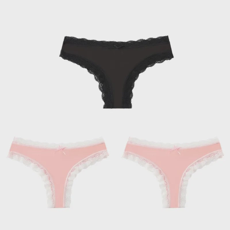 3-Pack Dames Slipjes met Kantrand - Low-Waist Thong & G-String in Luipaardprint en Effen Kleuren
