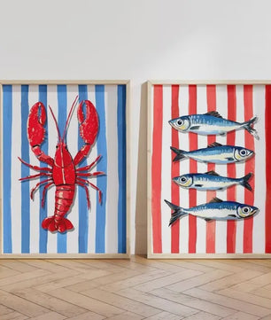 Retro Blauwe Sardine Canvas Poster - Mediterrane Stijl Wanddecoratie