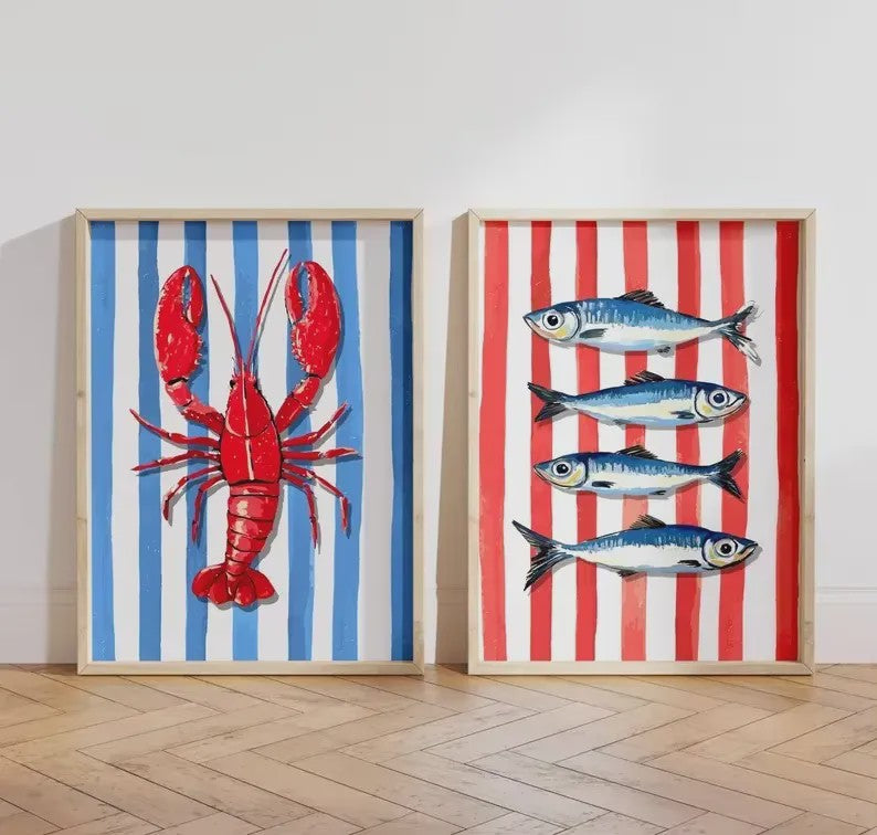 Retro Blauwe Sardine Canvas Poster - Mediterrane Stijl Wanddecoratie