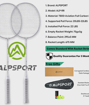 ALPSPORT RR Carbon Fiber Badminton Racket Set (2 stuks) - Offensief, 26LBS, Inclusief Tas & Shuttlecock - Ideaal voor Tieners