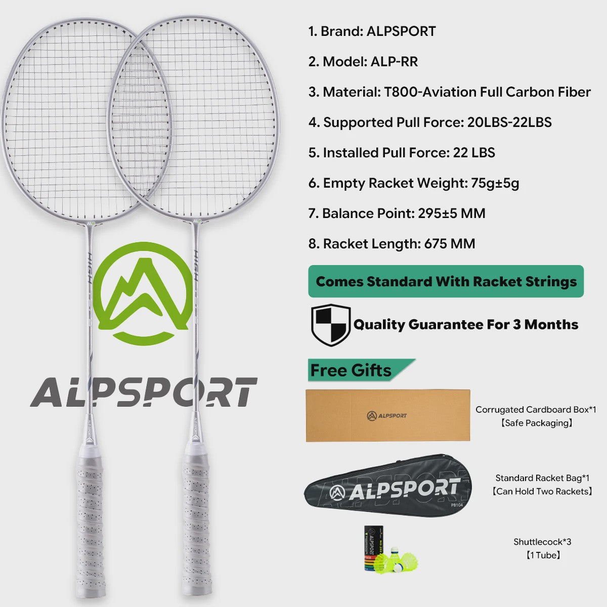 ALPSPORT RR Carbon Fiber Badminton Racket Set (2 stuks) - Offensief, 26LBS, Inclusief Tas & Shuttlecock - Ideaal voor Tieners