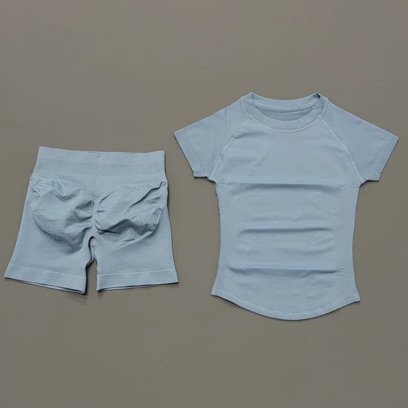Seamless Sportset Dames: Yoga Top met Korte Mouw & Fitness Shorts