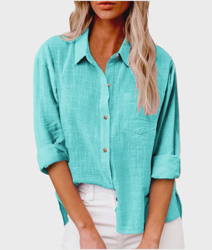 Dames Blouse met Lange Mouwen - Katoen Linnen Look