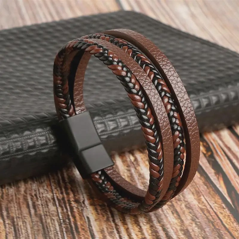 Stijlvolle Heren Armband van Gevlochten Leer - Multi-layer Fashion Accessoire