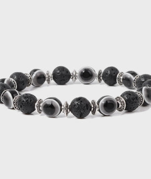 Set van 2 Handgemaakte Natuursteen Armbanden met Hanger Oog van Fatima & Lavasteen/Hematiet