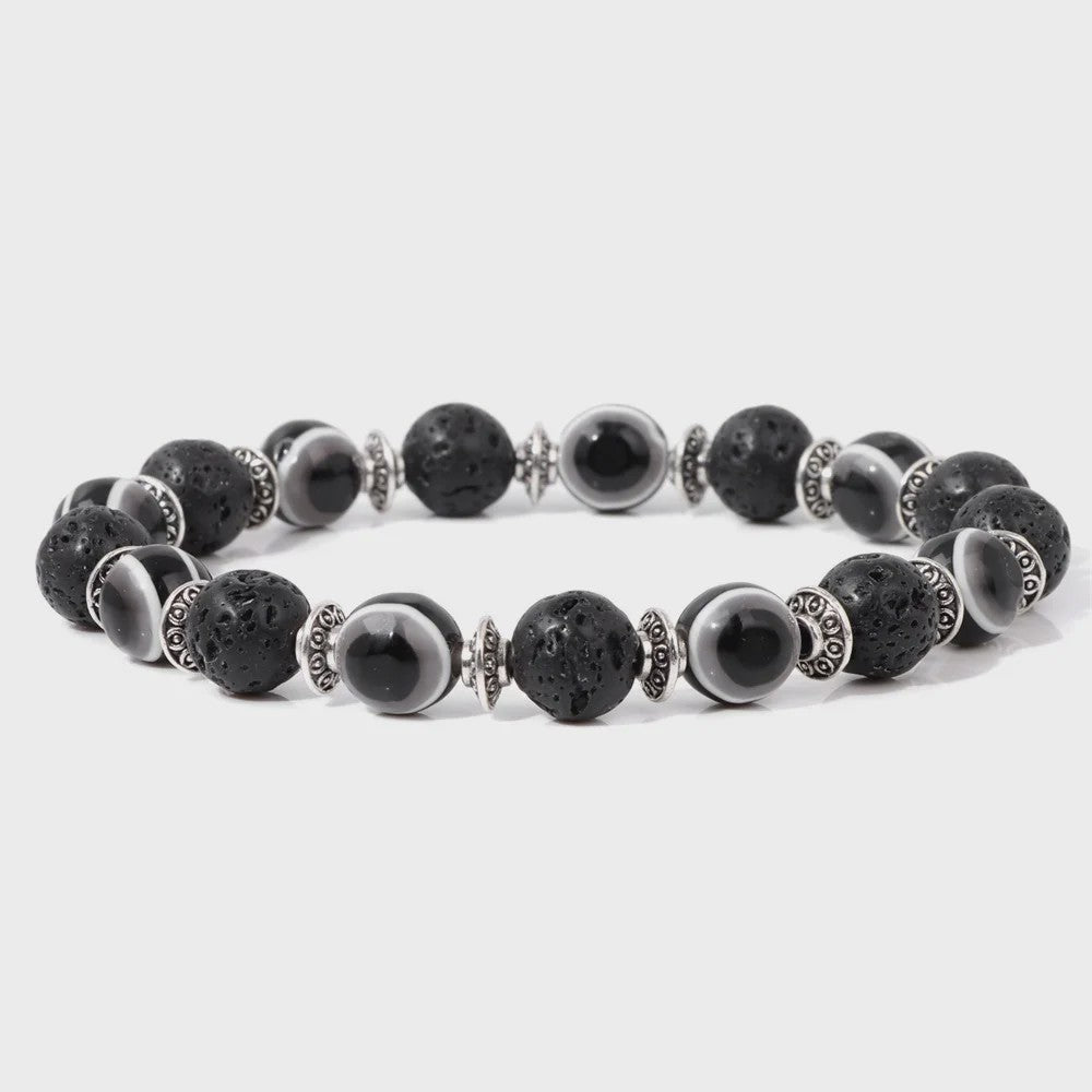 Set van 2 Handgemaakte Natuursteen Armbanden met Hanger Oog van Fatima & Lavasteen/Hematiet