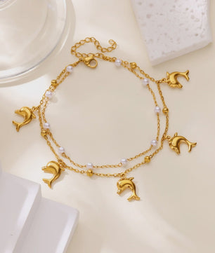 Gouden Roestvrij Staal Enkelbandjes met Parels en Kleurrijke Bedels - Zomer Sieraden