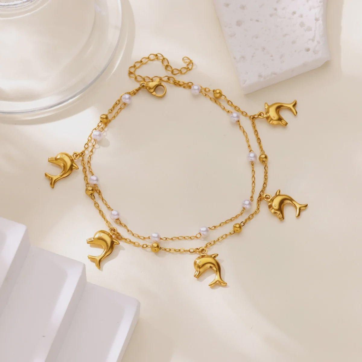 Gouden Roestvrij Staal Enkelbandjes met Parels en Kleurrijke Bedels - Zomer Sieraden