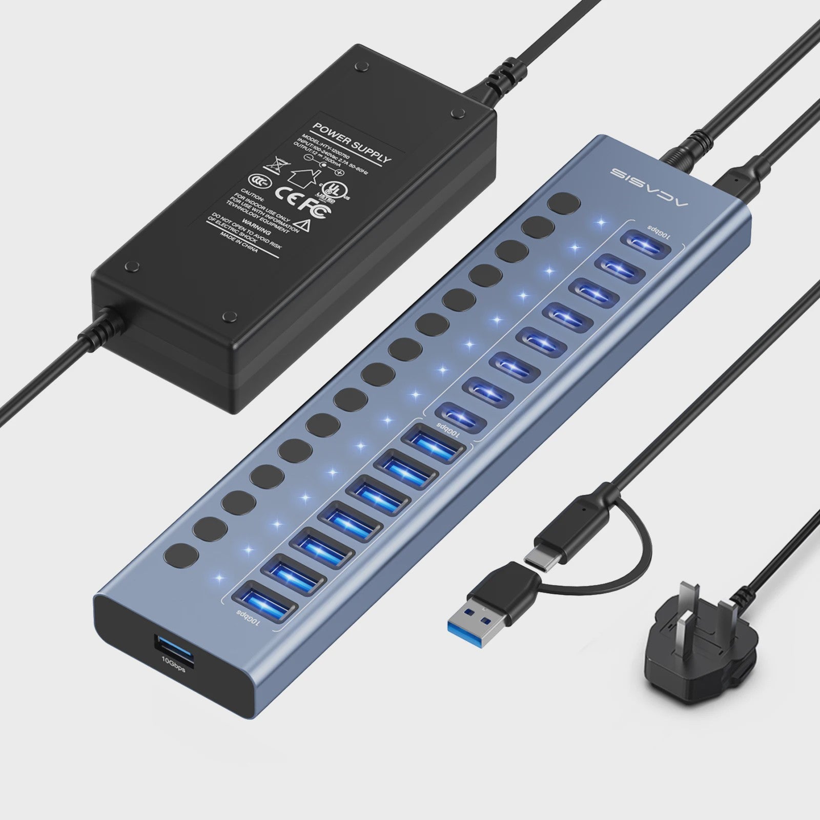 Acasis 16-Poorts USB Hub 10Gbps met Individuele Schakelaars & Snelle Data Transfer