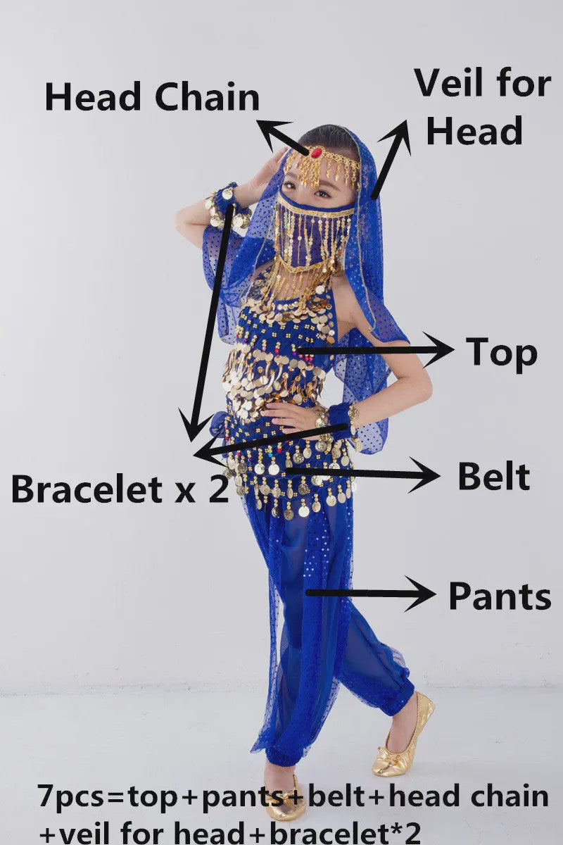 Kind Buikdans Kostuum Set: Broek, Sluier & Accessoires (2-8 Delig)