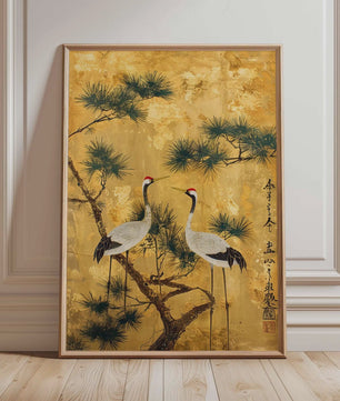 Japanse Kraanvogel Poster - Vintage Ukiyo-e Muurkunst met Rode Zon en Pijnboom