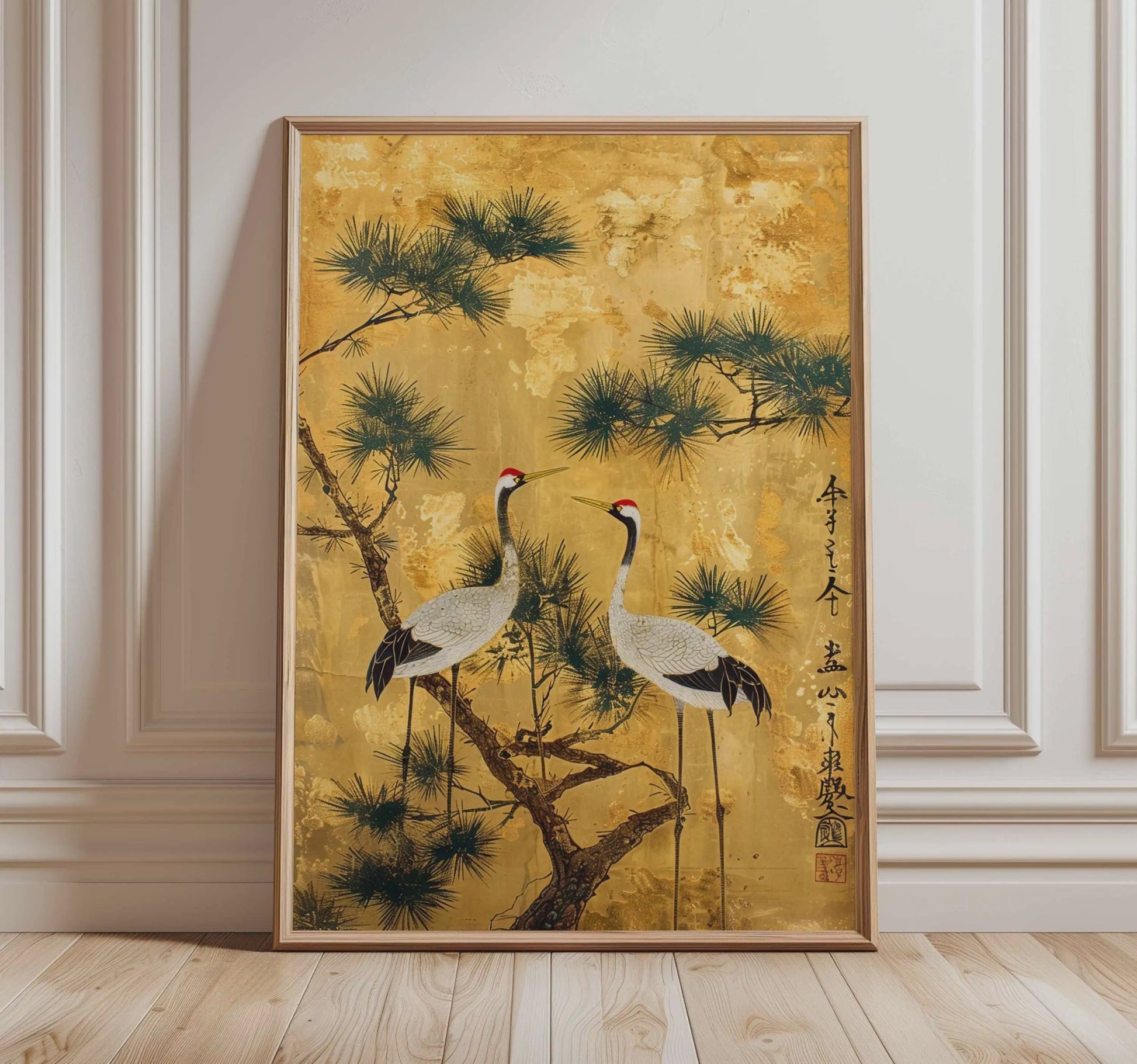 Japanse Kraanvogel Poster - Vintage Ukiyo-e Muurkunst met Rode Zon en Pijnboom