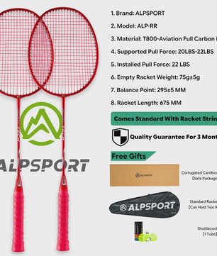 ALPSPORT RR Carbon Fiber Badminton Racket Set (2 stuks) - Offensief, 26LBS, Inclusief Tas & Shuttlecock - Ideaal voor Tieners
